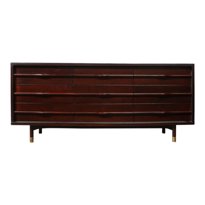 mid century bookmatched walnut w sculptural front and brass inlaysabot sideboard 2223