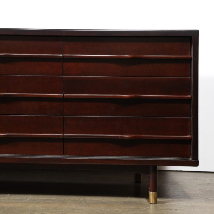 mid century bookmatched walnut w sculptural front and brass inlaysabot sideboard 8978