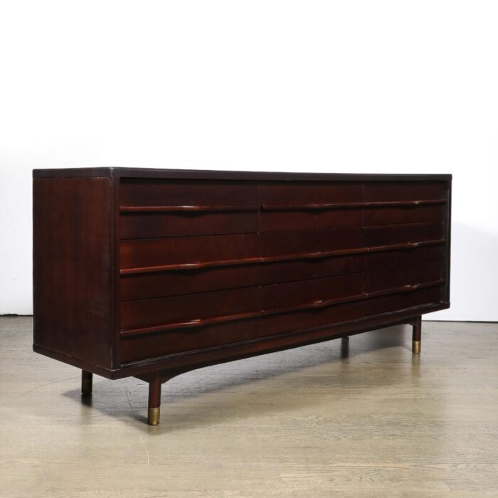 mid century bookmatched walnut w sculptural front and brass inlaysabot sideboard 9018