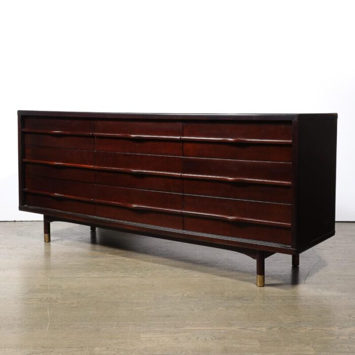 mid century bookmatched walnut w sculptural front and brass inlaysabot sideboard 9759