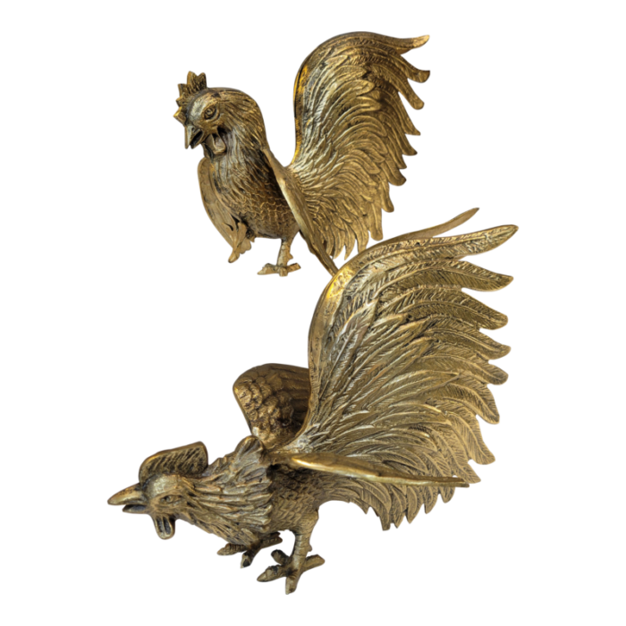 mid century brass fighting rooster a pair 0005