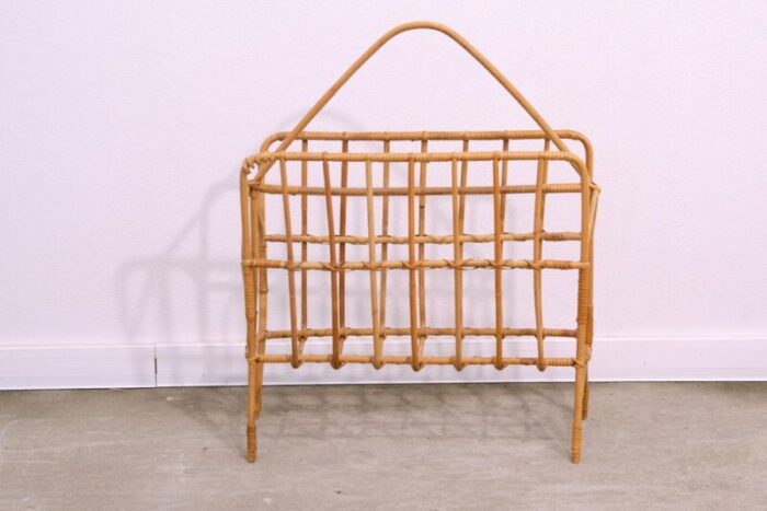 mid century czechoslovakian wicker magazine rack 1960s 8078