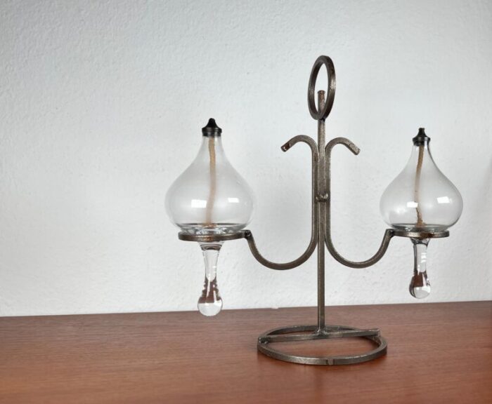 mid century danish wrought iron and glass oil table lamp 1960s 0053