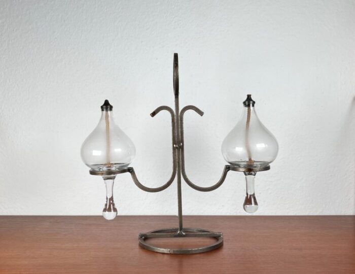 mid century danish wrought iron and glass oil table lamp 1960s 0338