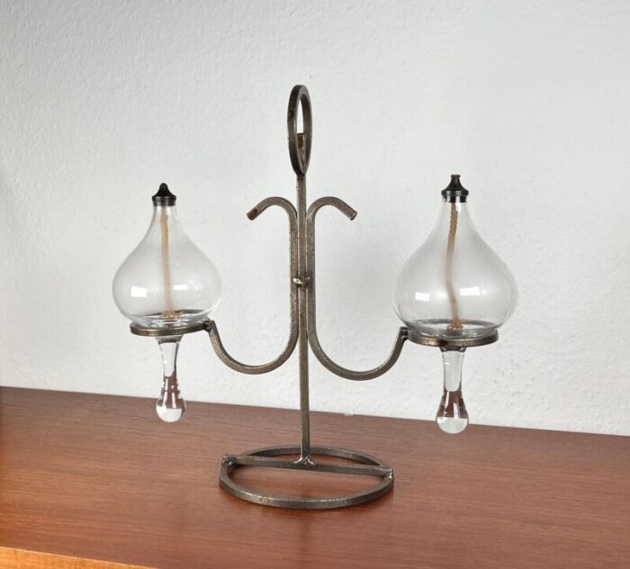 mid century danish wrought iron and glass oil table lamp 1960s 1112