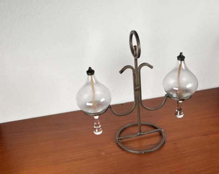 mid century danish wrought iron and glass oil table lamp 1960s 7170