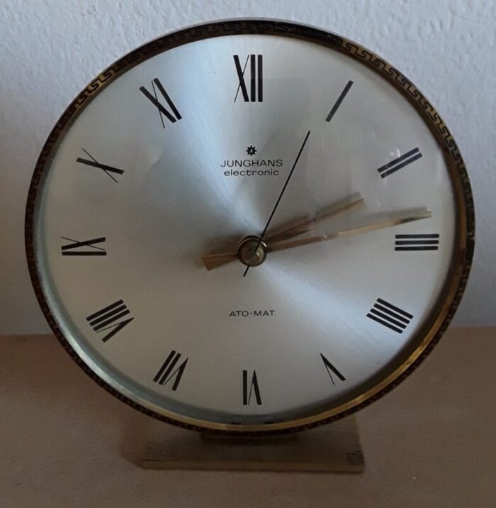 mid century german table clock auto mat with brass housing and round glass pane by junghans 1960s 1