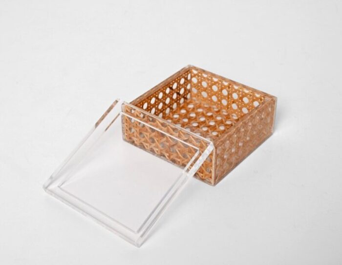 mid century italian acrylic glass wicker vienna straw box in christian dior style 1970s 10