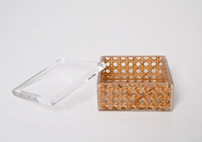 mid century italian acrylic glass wicker vienna straw box in christian dior style 1970s 12