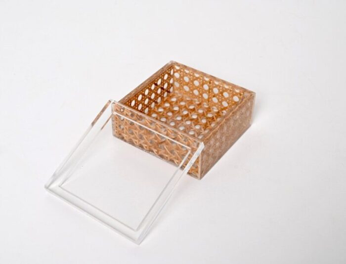 mid century italian acrylic glass wicker vienna straw box in christian dior style 1970s 13