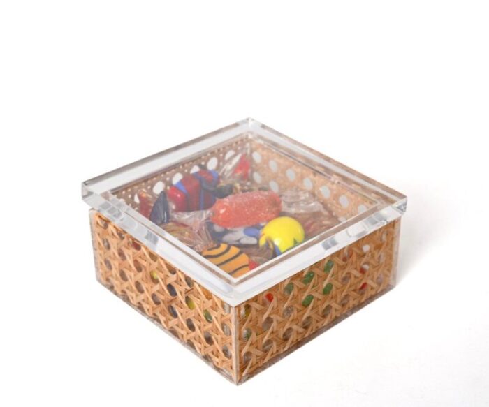 mid century italian acrylic glass wicker vienna straw box in christian dior style 1970s 14