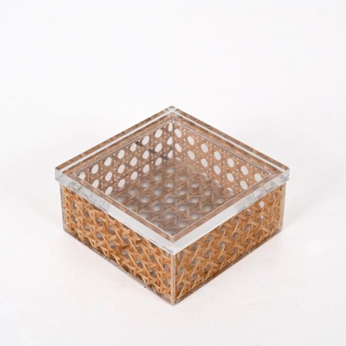 mid century italian acrylic glass wicker vienna straw box in christian dior style 1970s 2