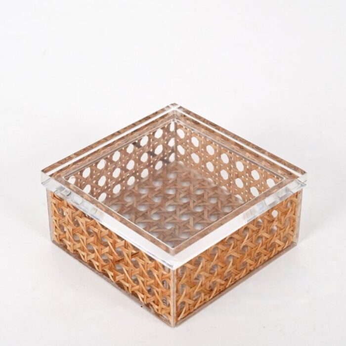 mid century italian acrylic glass wicker vienna straw box in christian dior style 1970s 4