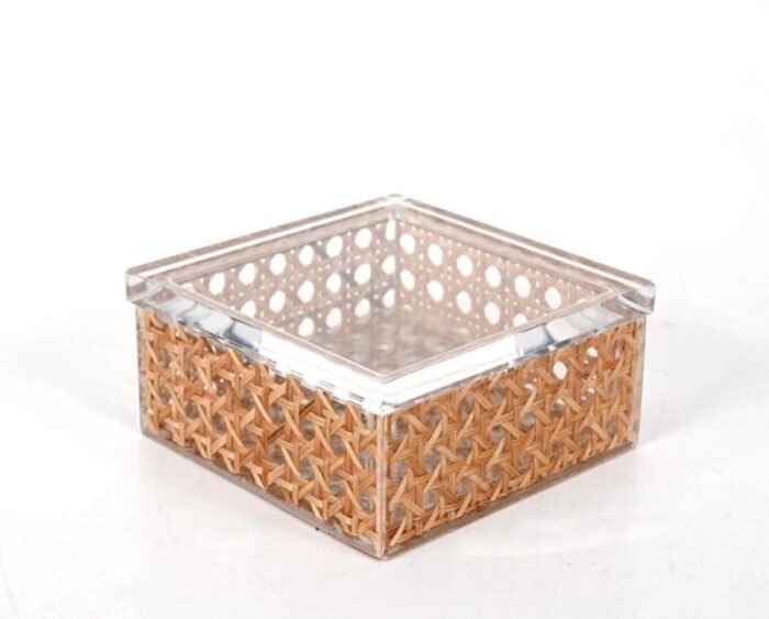 mid century italian acrylic glass wicker vienna straw box in christian dior style 1970s 7