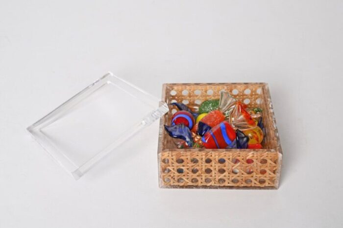 mid century italian acrylic glass wicker vienna straw box in christian dior style 1970s 8