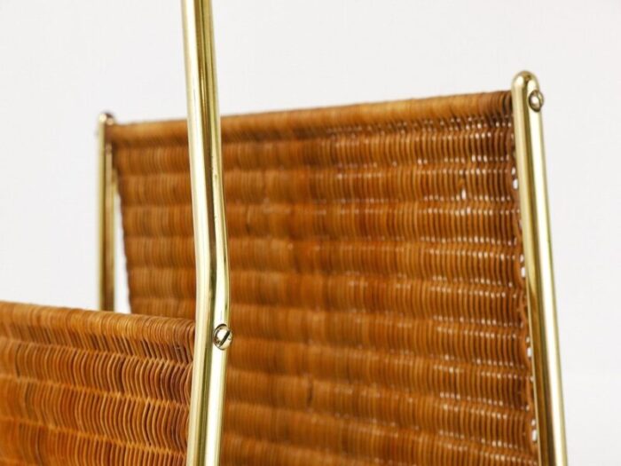 mid century magazine rack in brass and woven cane in the style of carl auboeck austria 1950s 16