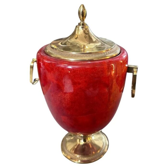 mid century modern coral red goatskin and brass ice bucket by aldo tura 1950s 1