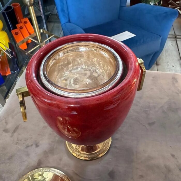 mid century modern coral red goatskin and brass ice bucket by aldo tura 1950s 2