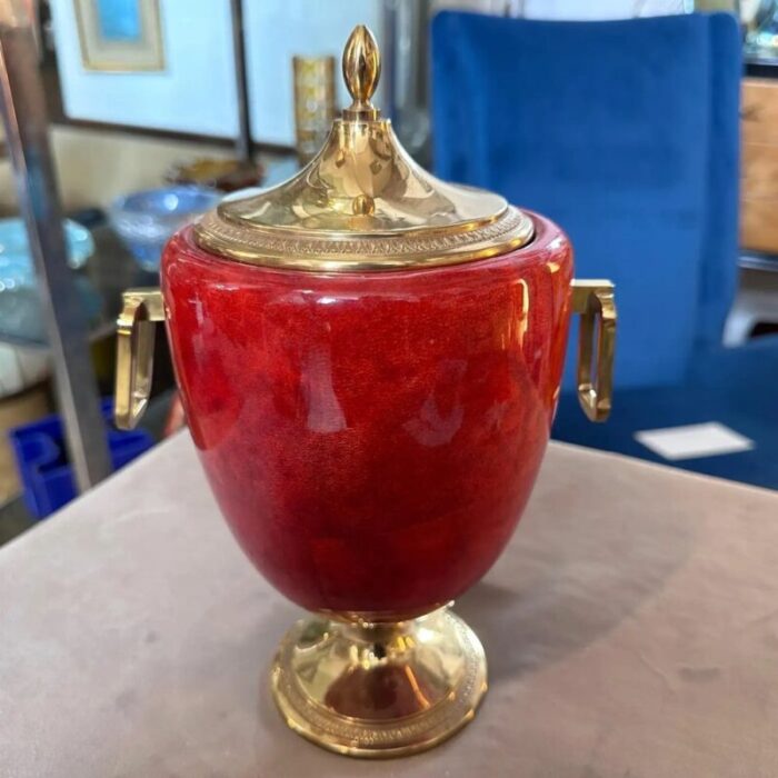 mid century modern coral red goatskin and brass ice bucket by aldo tura 1950s 7