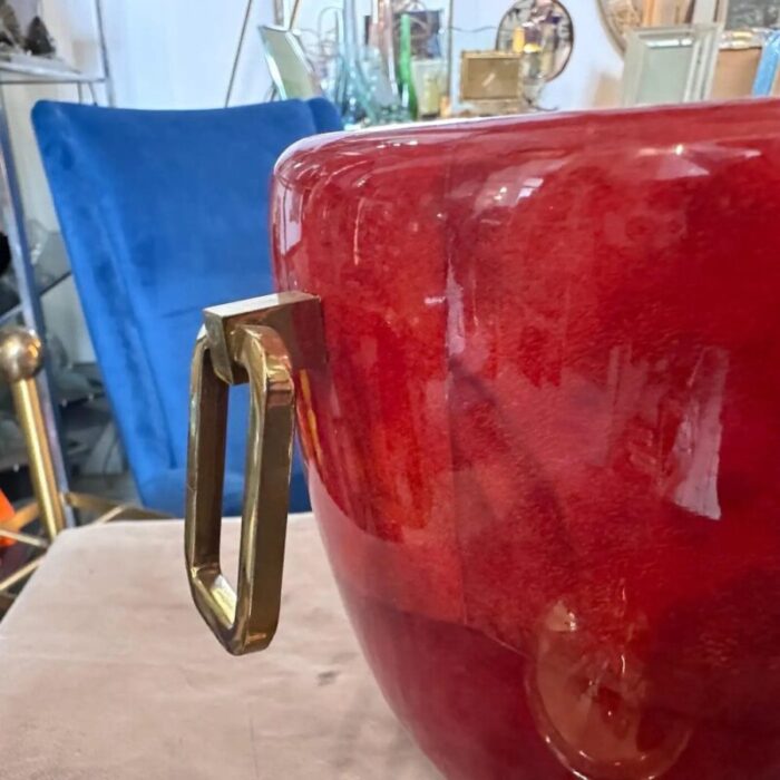 mid century modern coral red goatskin and brass ice bucket by aldo tura 1950s 9