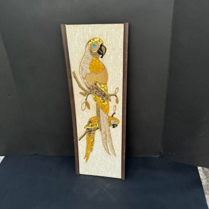 mid century modern gravel art of two parrots perched on a branch 8117