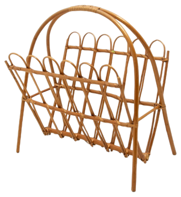 mid century rattan magazine rack attributed to jan kalous for uluv czechoslovakia 1960s 6292