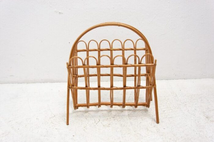 mid century rattan magazine rack attributed to jan kalous for uluv czechoslovakia 1960s 8456