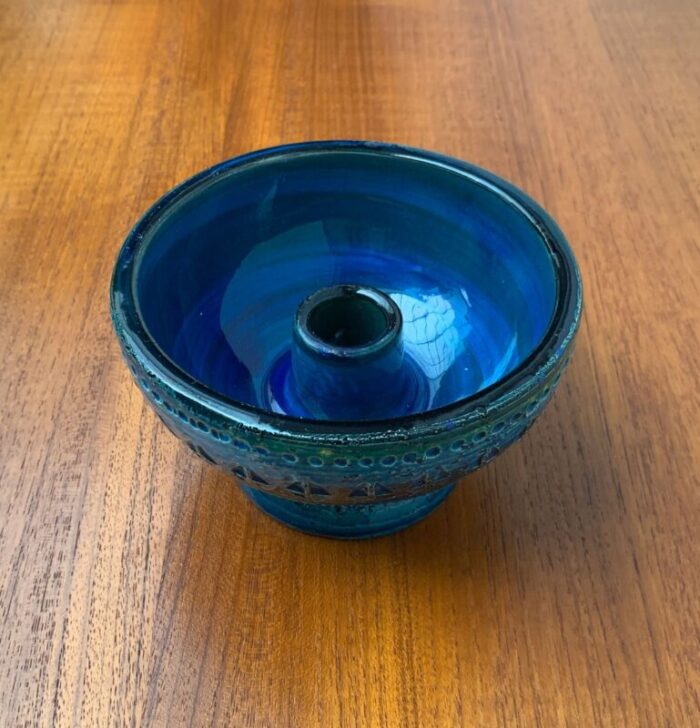 mid century rimini blu pottery candle holder by aldo londi for bitossi italy 1960s 11