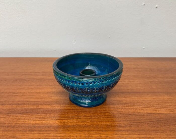 mid century rimini blu pottery candle holder by aldo londi for bitossi italy 1960s 2