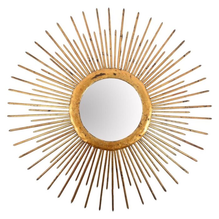 mid century sunburst mirror in gilded iron with lighting italy 1960s 1