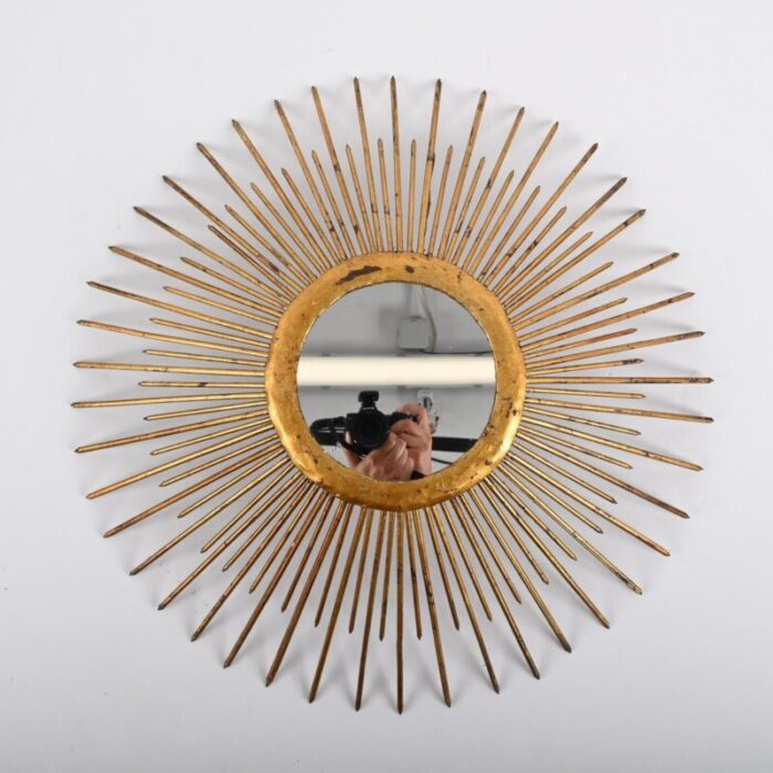 mid century sunburst mirror in gilded iron with lighting italy 1960s 10