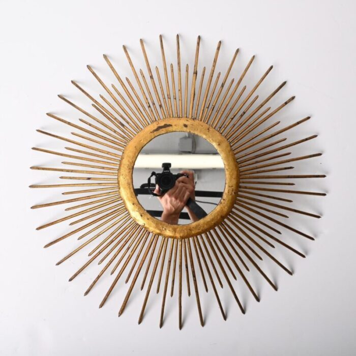 mid century sunburst mirror in gilded iron with lighting italy 1960s 12