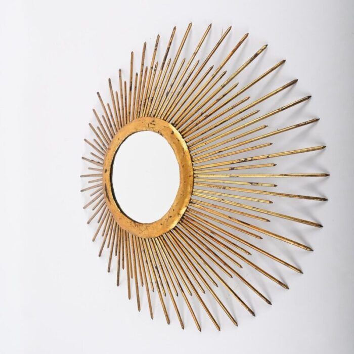 mid century sunburst mirror in gilded iron with lighting italy 1960s 13