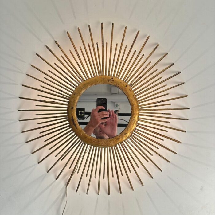 mid century sunburst mirror in gilded iron with lighting italy 1960s 15