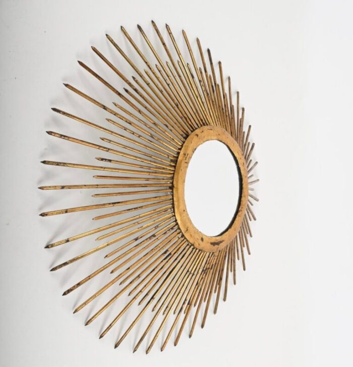 mid century sunburst mirror in gilded iron with lighting italy 1960s 16