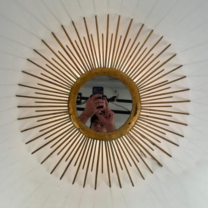 mid century sunburst mirror in gilded iron with lighting italy 1960s 17