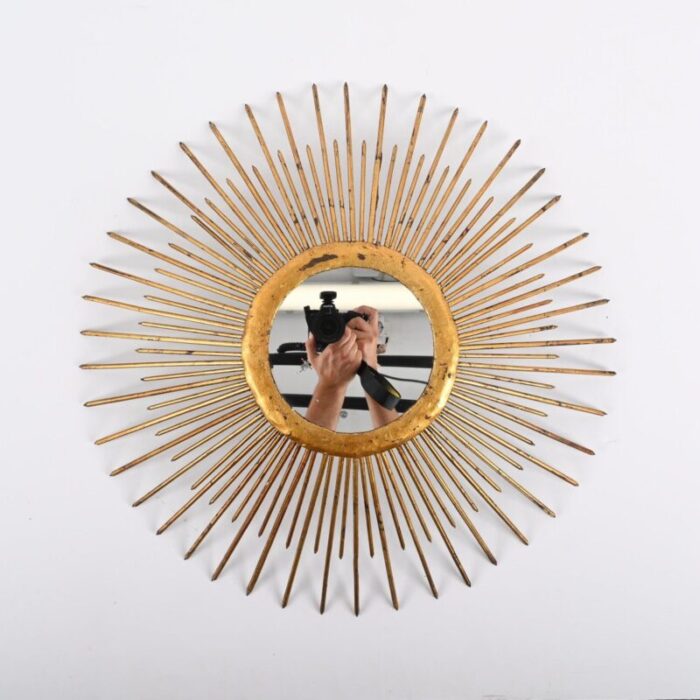 mid century sunburst mirror in gilded iron with lighting italy 1960s 2