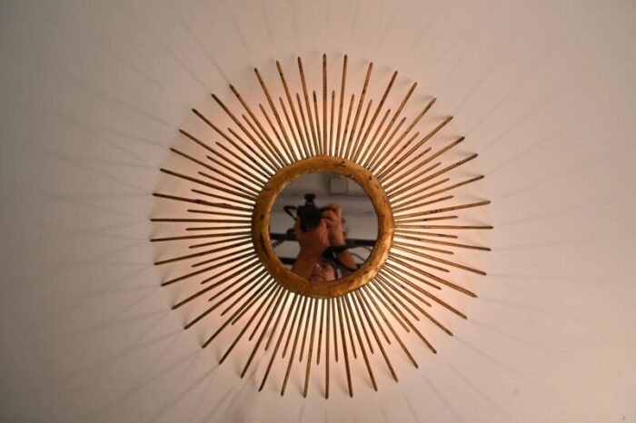 mid century sunburst mirror in gilded iron with lighting italy 1960s 3