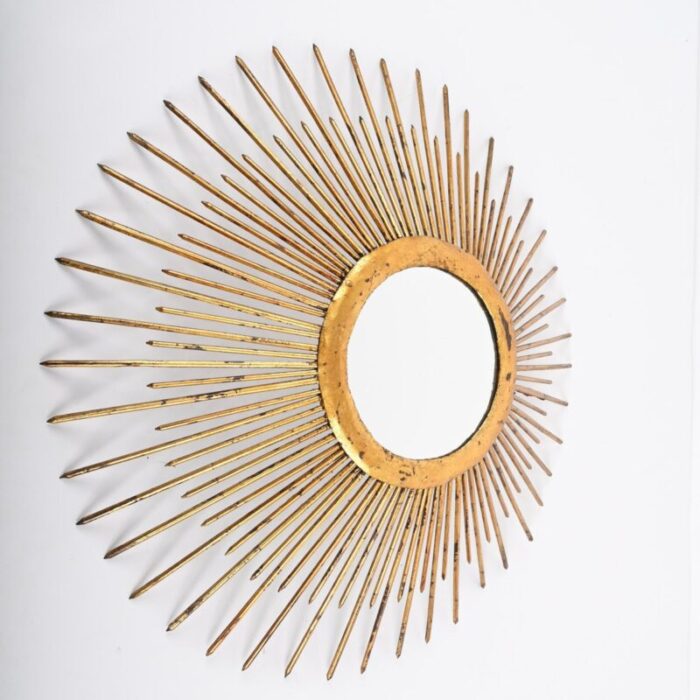 mid century sunburst mirror in gilded iron with lighting italy 1960s 4