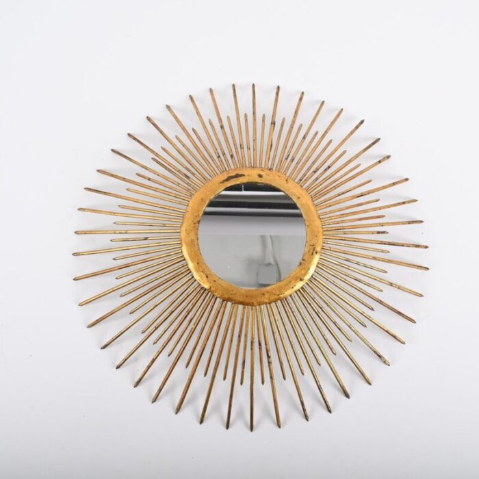 mid century sunburst mirror in gilded iron with lighting italy 1960s 6