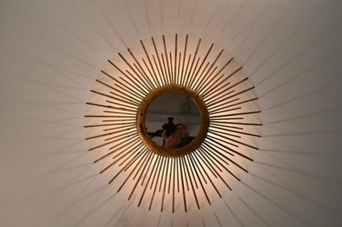 mid century sunburst mirror in gilded iron with lighting italy 1960s 8