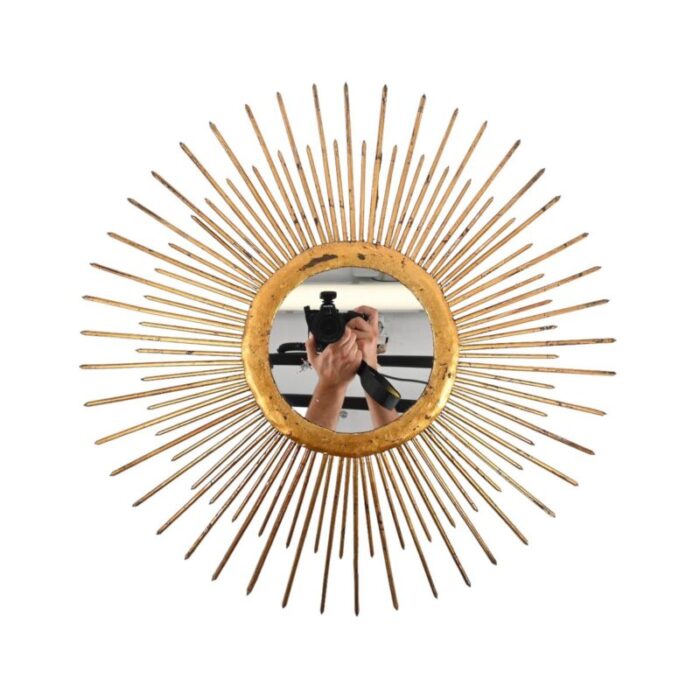 mid century sunburst mirror in gilded iron with lighting italy 1960s 9