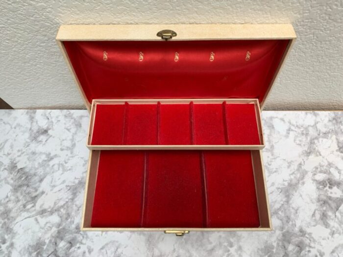 mid century velvet lined jewelry box with gold accents 0037