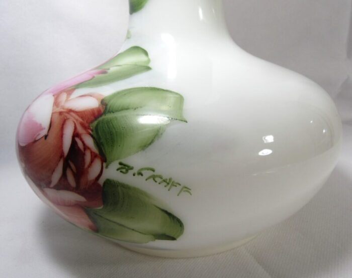 mid century white milk glass vase handpainted victorian flowers signed 9600