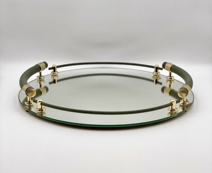 mirror glass tray with green and 24k gold handles by brass milano italy 1970s 1