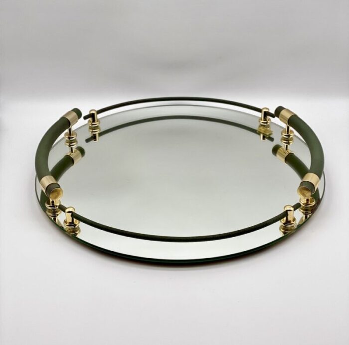 mirror glass tray with green and 24k gold handles by brass milano italy 1970s 10