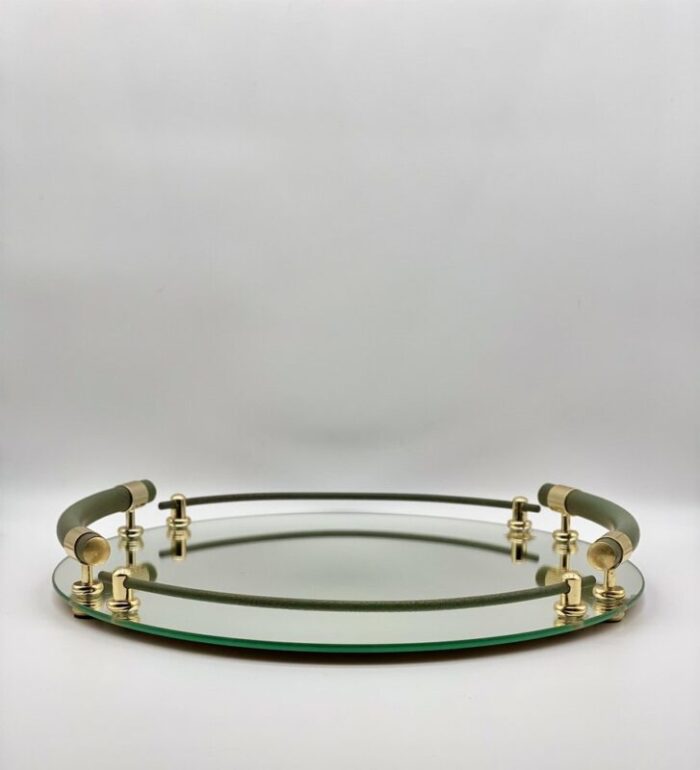 mirror glass tray with green and 24k gold handles by brass milano italy 1970s 8