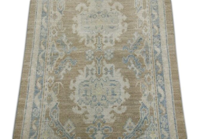 modern turkish oushak rug beige and blue handwoven wool rug 210 x 58 4510