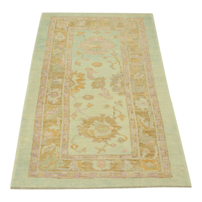 modern turkish oushak rug pastel green and beige handwoven wool rug 3 x 64 6092