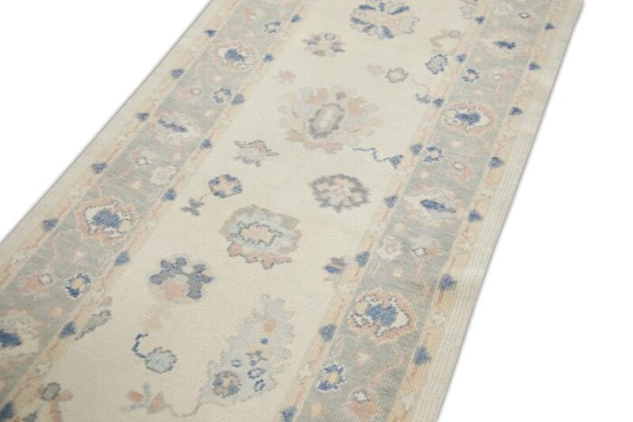 modern turkish oushak runner ivory and blue handwoven wool rug 3 x 811 7906